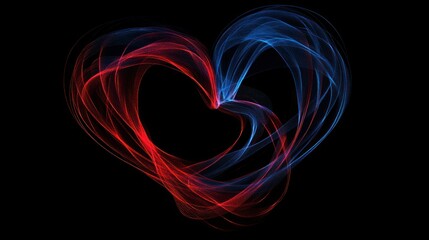 A vibrant, abstract heart shape created with swirling red and blue lines on a black background.