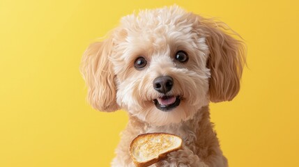 Cute fluffy dog holding toast on yellow.