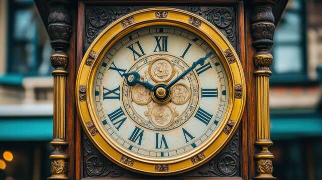 Antique clock face, ornate wooden case, showing time.