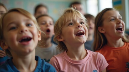 group of children enthusiastically singing together in a classroom