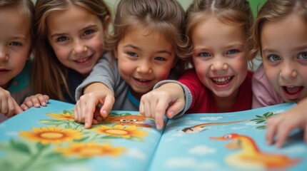 Fototapeta premium children excitedly pointing at colorful pictures in a storybook