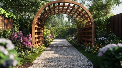Fototapeta premium Wooden archway garden path with flowers.