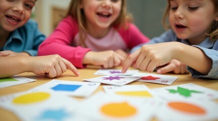 Fototapeta premium A close-up of a group of children sitting at a table, enthusiastically identifying and pointing at various colorful shapes on flashcards, capturing the excitement of learning