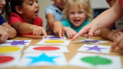 Fototapeta premium A close-up of a group of children sitting at a table, enthusiastically identifying and pointing at various colorful shapes on flashcards, capturing the excitement of learning
