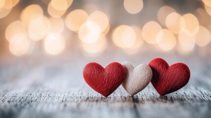 Fototapeta premium Three Decorative Hearts on Wooden Surface with Soft Bokeh Background