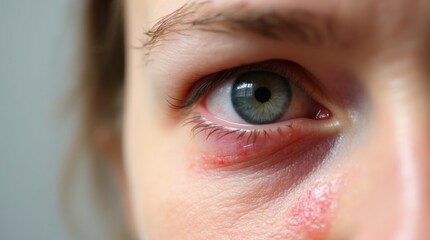 close-up of a woman eye with visible redness and irritation