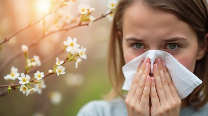 Woman hand holding a tissue near their nose, showing signs of spring allergies with a backdrop of blooming flowers