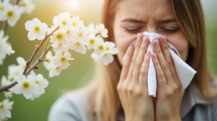 Woman hand holding a tissue near their nose, showing signs of spring allergies with a backdrop of blooming flowers