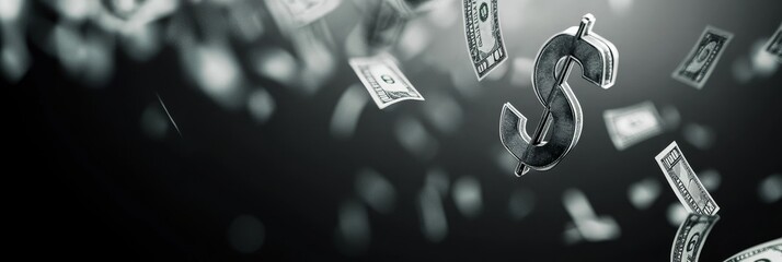 Floating Dollar Symbol and Bills - Dark gray background, floating dollar signs and money bills symbolize finance, wealth, abundance, prosperity, and success.