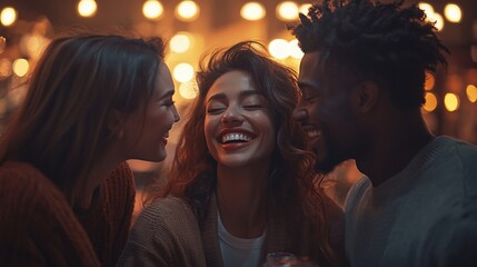 Happy diverse friends laughing together at night.
