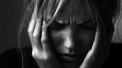 Fototapeta premium woman with her head in her hands is showing signs of distress and emotional pain. black and white image captures her intense expression, highlighting her struggle