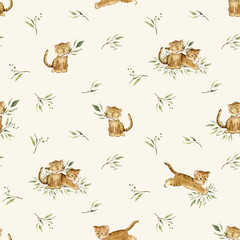 Seamless pattern with cute kawaii two tigers jumping and sitting with green branch eucalyptus. Watercolor hand drawn illustration african animal isolated. Cartoon kids print.