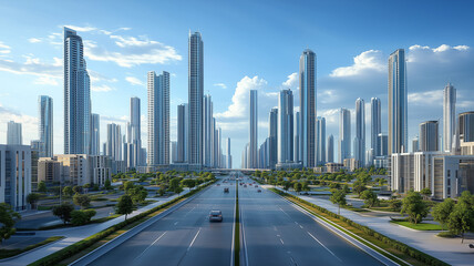 Fototapeta premium modern cityscape featuring high rise buildings and wide road, showcasing urban development and architectural design under clear blue sky