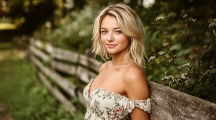 Naklejka premium Beautiful woman with blonde hair posing near wooden fence in nature