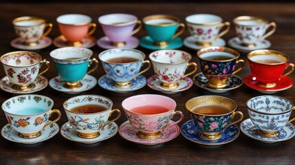 Fototapeta premium Assorted colorful teacups and saucers arranged on a dark wooden surface.