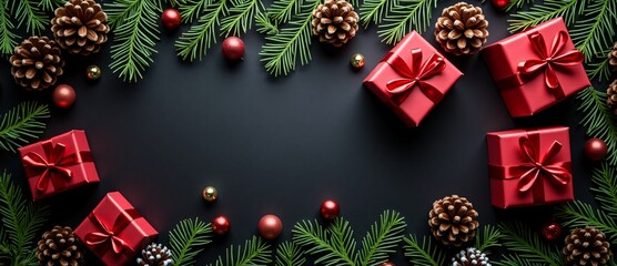 A Top View of Christmas Red Gift Boxes, Fir Tree Branches, and Pine Cones on a Christmas Black Background with Copy Space.