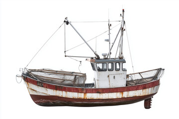 Naklejka premium Selective focus fisherman boat with trawl isolated on white background, Trawler boat for fishing floating on water.