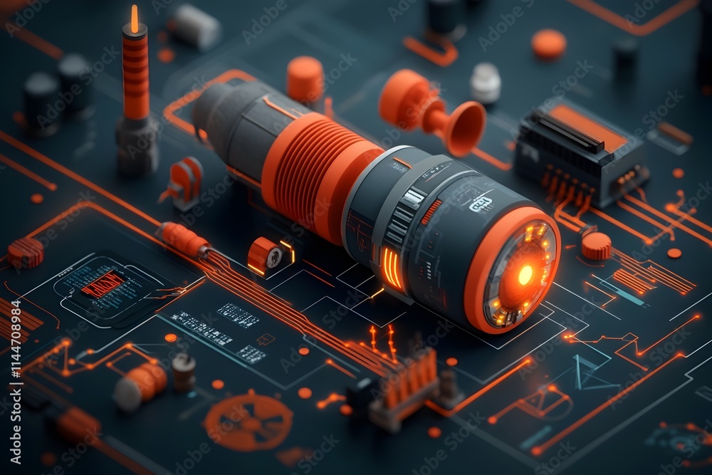 Poster intricate technical schematics and circuit boards depicting the pulsing energy flows and electromagn