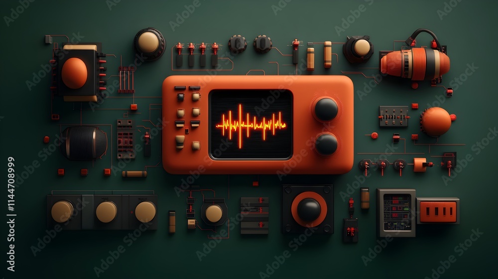 Poster Retro Futuristic Visualization of Frequency Modulation in Radio Broadcasting Systems  Complex waveforms oscillating signals