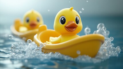 Two cute yellow rubber duckies in a little yellow boat sailing on water with bubbles.