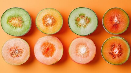 Assorted halved melons arranged on orange background.