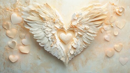 Romantic heart arrangement with feathered wings and textured background
