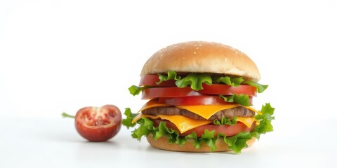 Juicy, layered hamburger on pristine white, bread,lunch,mayonnaise