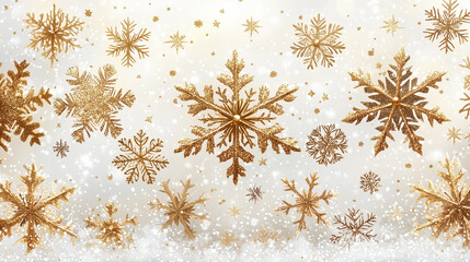 A pattern of golden sparkles and snowflakes on a clean white background.