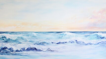 Obraz premium Waves of pale lilac, sky blue, and soft peach create watercolor-like patterns on a serene horizon, reflecting the tranquil stillness of dawn breaking over the quiet ocean.
