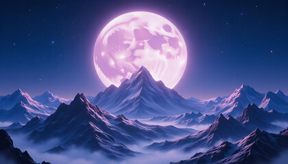 Fantasy Pink Moon Over Mountains