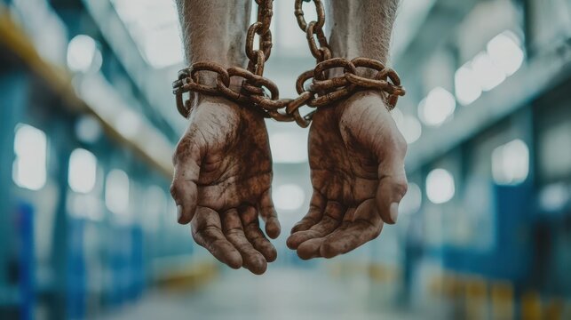 A close-up of hands shackled together with rusty chains, symbolizing modern slavery or forced labor, with a blurred industrial background. 