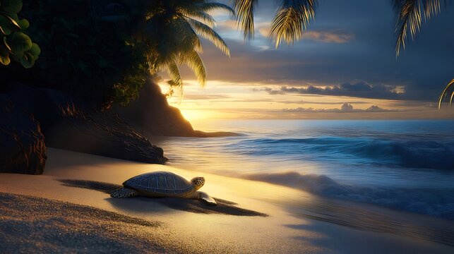 Sea turtle crawls on sandy beach at sunset, tropical palm trees.