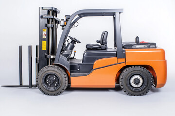 Selective focus industrial forklift isolated on white background, Storage and warehouse vehicle for lifting on white.