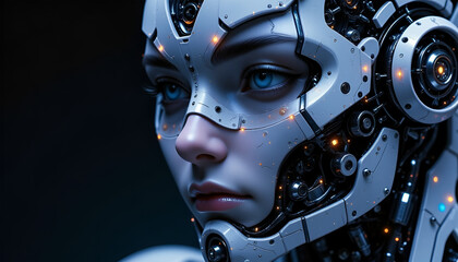 Futuristic Female Robot Face Close-Up