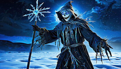 Fototapeta premium Digital Illustration of a Scarecrow Figure with Icy Staff in Snowy Landscape