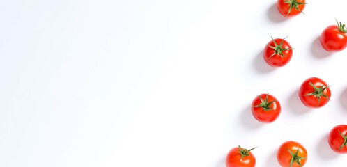 Flat lay composition with fresh cherry tomatoes on white background. Ripe vegetables