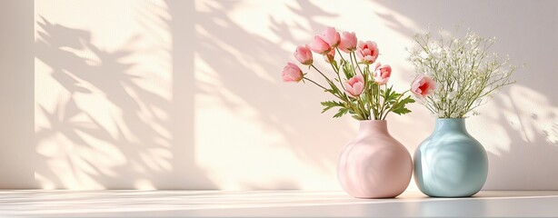 Fototapeta premium Flower vase duo with ranunculus and baby's breath, pastel flower vase in natural light shadows and editorial flower vase layout for copy space content