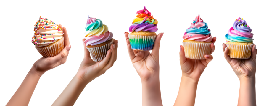 Collection of hand holding Cupcake muffin with colourful icing frosting on transparent background cutout. PNG file. Many assorted different flavour. Mockup template for artwork design	
