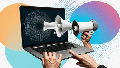 Futuristic illustration about computer technology with a laptop in neon colors. For cover backgrounds, wallpapers and other modern projects. Generated with AI