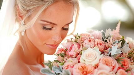Naklejka premium Bride smelling her beautiful wedding bouquet.