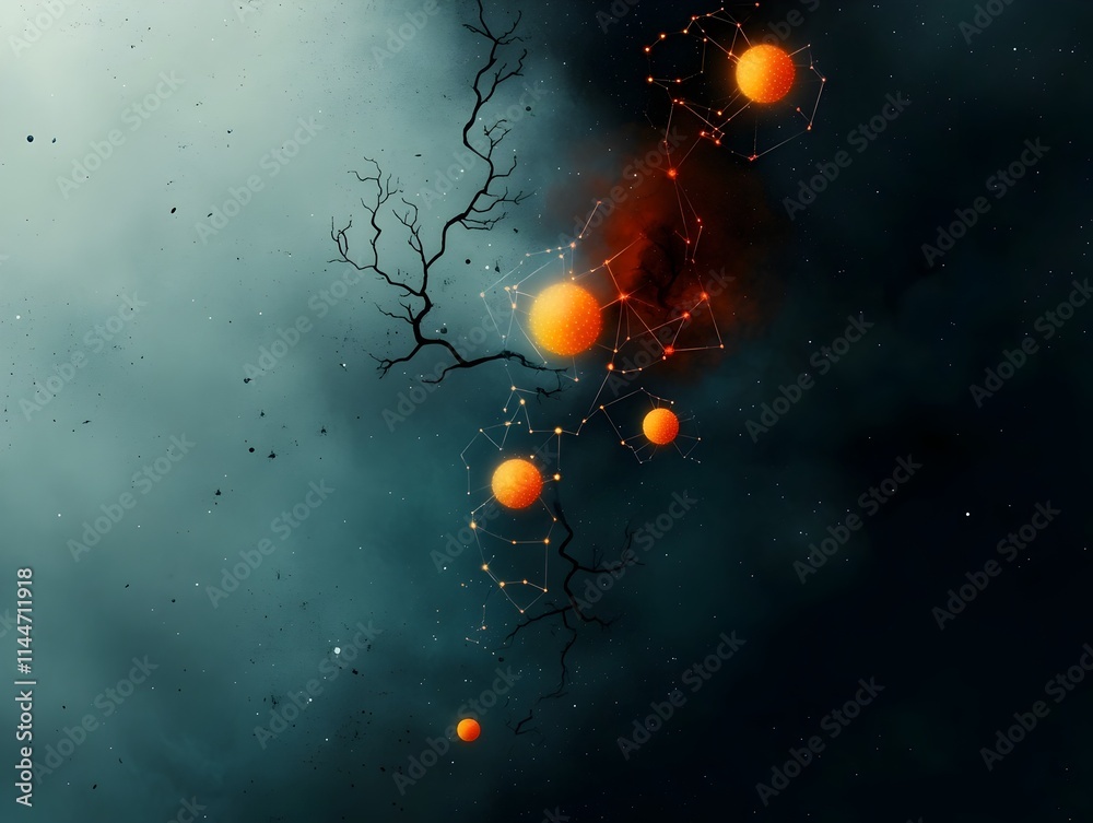 Poster Conceptual depicting the statistical distribution of stars within a galaxy with floating orbs of light tracing intricate networks creating an abstract data visualization in a cosmic void backdrop
