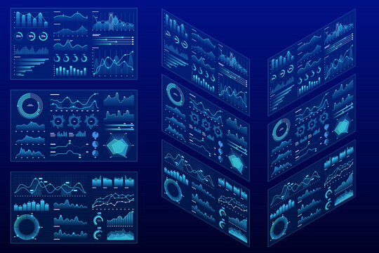 Isometric futuristic digital dashboards featuring multiple data visualizations, including bar graphs, pie charts, and line graphs. The panels are illuminated in neon blue on a dark background
