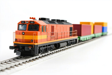 Obraz premium Selective focus cargo train with container box isolated on white background, Logistics train for import and export product, Land transportation.
