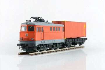 Fototapeta premium Selective focus cargo train with container box isolated on white background, Logistics train for import and export product, Land transportation.