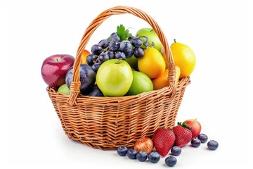 Assorted fruits in wicker basket on white background.