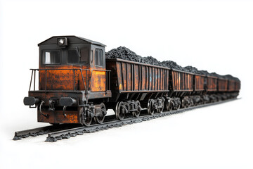 Obraz premium Selective focus charcoal steam train isolated on white background, Coal industrial train on railroad, Import and export fuel coal container on train on white background.