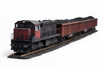 Obraz premium Selective focus charcoal steam train isolated on white background, Coal industrial train on railroad, Import and export fuel coal container on train on white background.