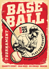 Baseball tournament retro flyer design concept. Sport poster with baseball player graphic. Vintage vector illustration on old paper texture.