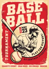 Baseball tournament retro flyer design concept. Sport poster with baseball player graphic. Vintage vector illustration on old paper texture. © lukeruk