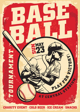Baseball tournament retro flyer design concept. Sport poster with baseball player graphic. Vintage vector illustration on old paper texture.